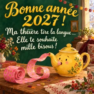 Une théière se retrouve avec un très long cotillon rose coincé dans son bec au Nouvel An. Le message est : « Bonne année 2027 ! Ma théière tire la langue… Elle te souhaite mille bisous ! ».