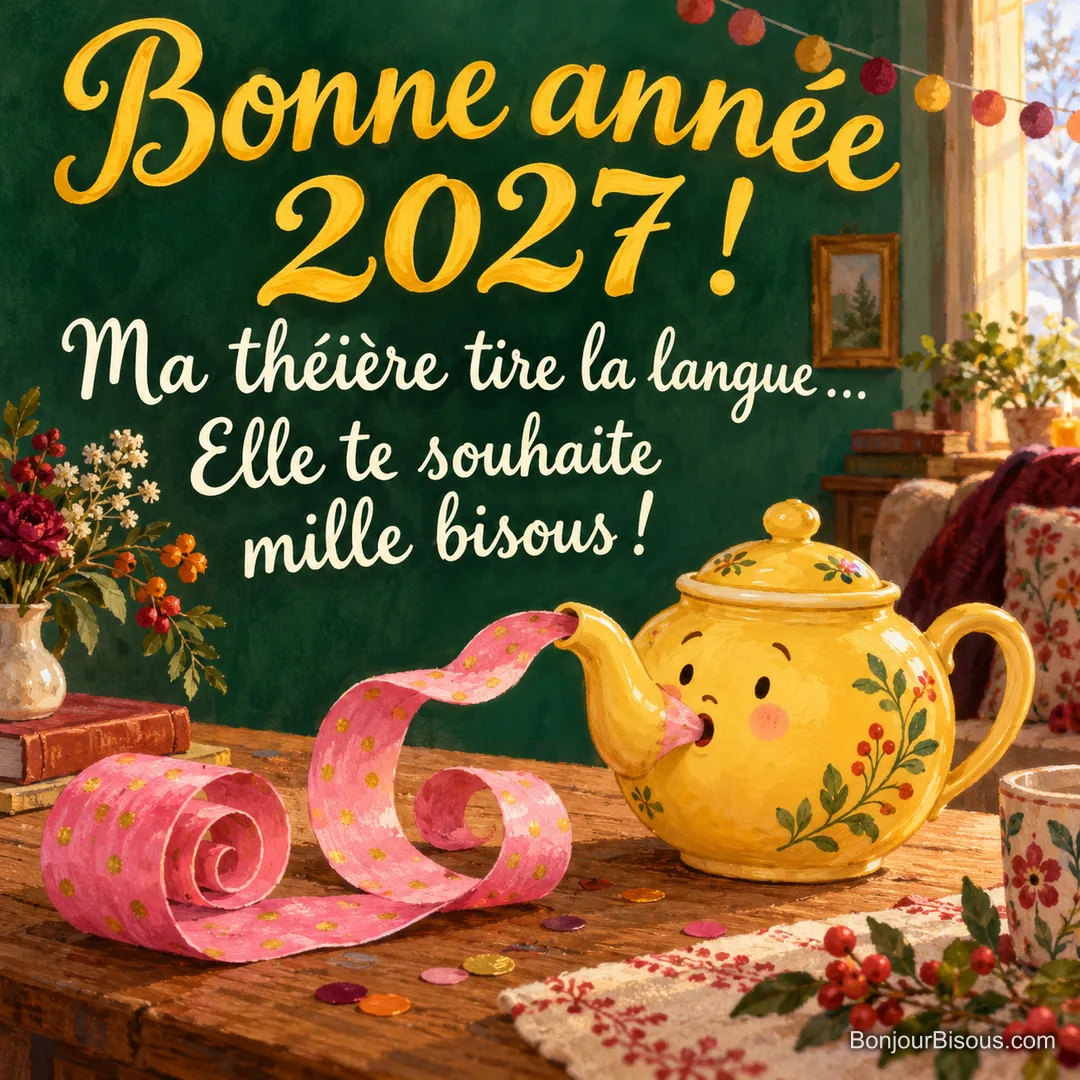 Une théière se retrouve avec un très long cotillon rose coincé dans son bec au Nouvel An. Le message est : « Bonne année 2027 ! Ma théière tire la langue… Elle te souhaite mille bisous ! ». Une théière se retrouve avec un très long cotillon rose coincé dans son bec au Nouvel An. Le message est : « Bonne année 2027 ! Ma théière tire la langue… Elle te souhaite mille bisous ! ».