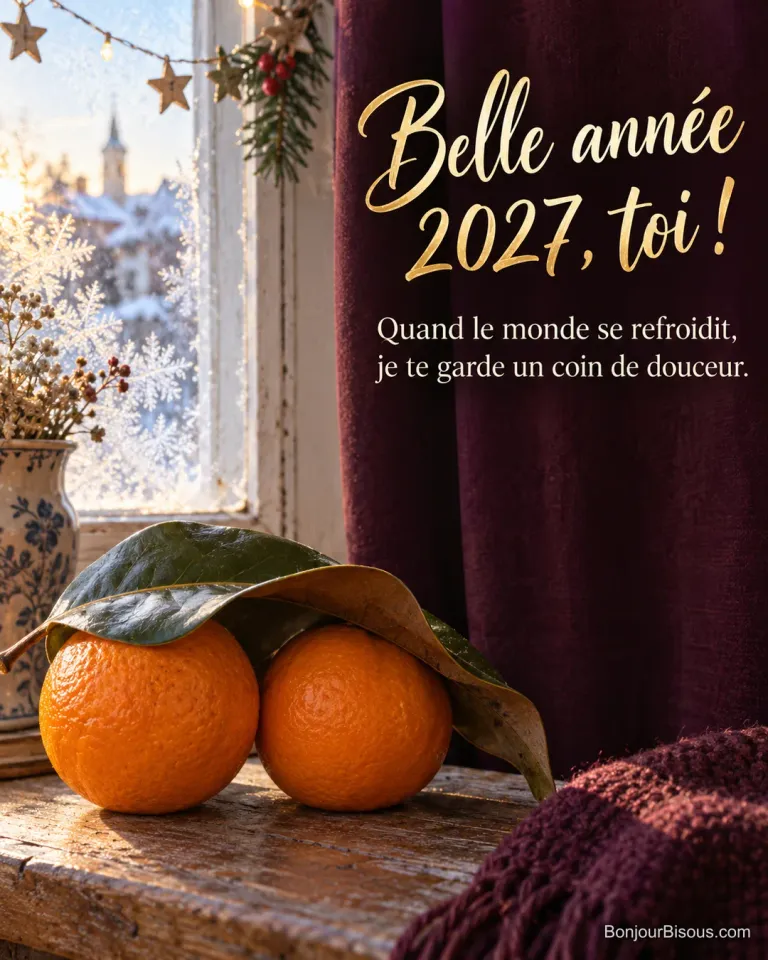 Deux oranges sont protégées sous une grande feuille sur une fenêtre décorée pour le Nouvel An. Le message est : « Belle année 2027, toi ! Quand le monde se refroidit, je te garde un coin de douceur. ».