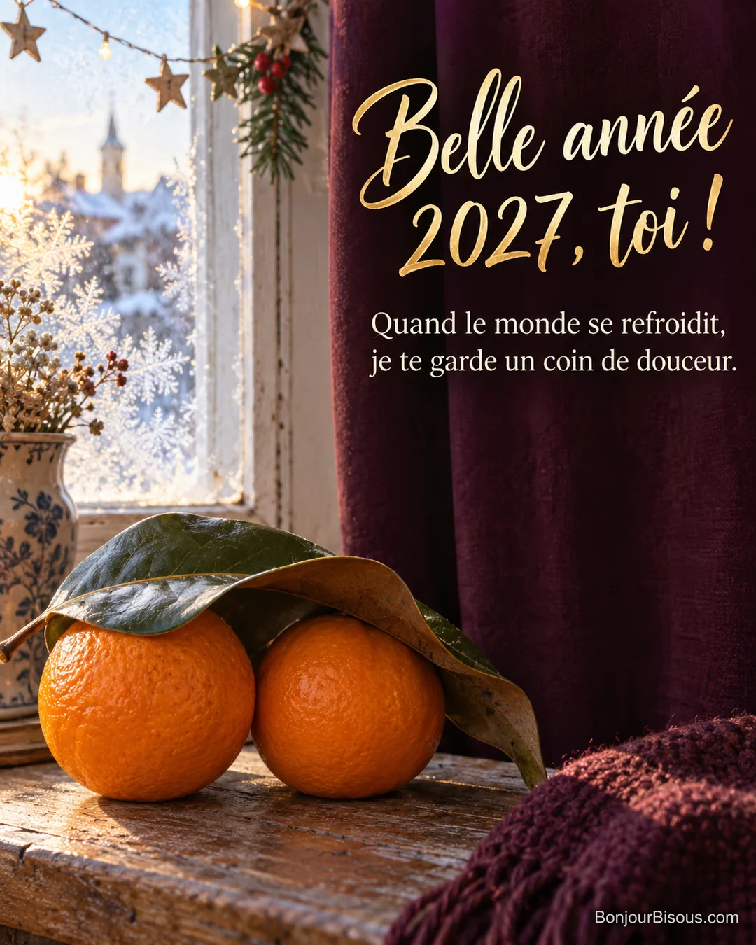 Deux oranges sont protégées sous une grande feuille sur une fenêtre décorée pour le Nouvel An. Le message est : « Belle année 2027, toi ! Quand le monde se refroidit, je te garde un coin de douceur. ».