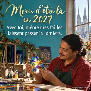 Un vitrailliste contemple une étoile colorée restaurée dans son atelier au Nouvel An. Le message est : « Merci d’être là en 2027 Avec toi, même mes failles laissent passer la lumière. ».