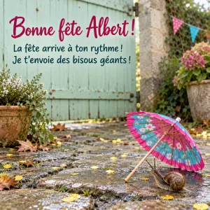 Un petit escargot inspecte un gigantesque parasol de fête en papier, installé comme un abri beaucoup trop grand pour lui. Le message indique : « Bonne fête Albert ! La fête arrive à ton rythme ! Je t’envoie des bisous géants ! »