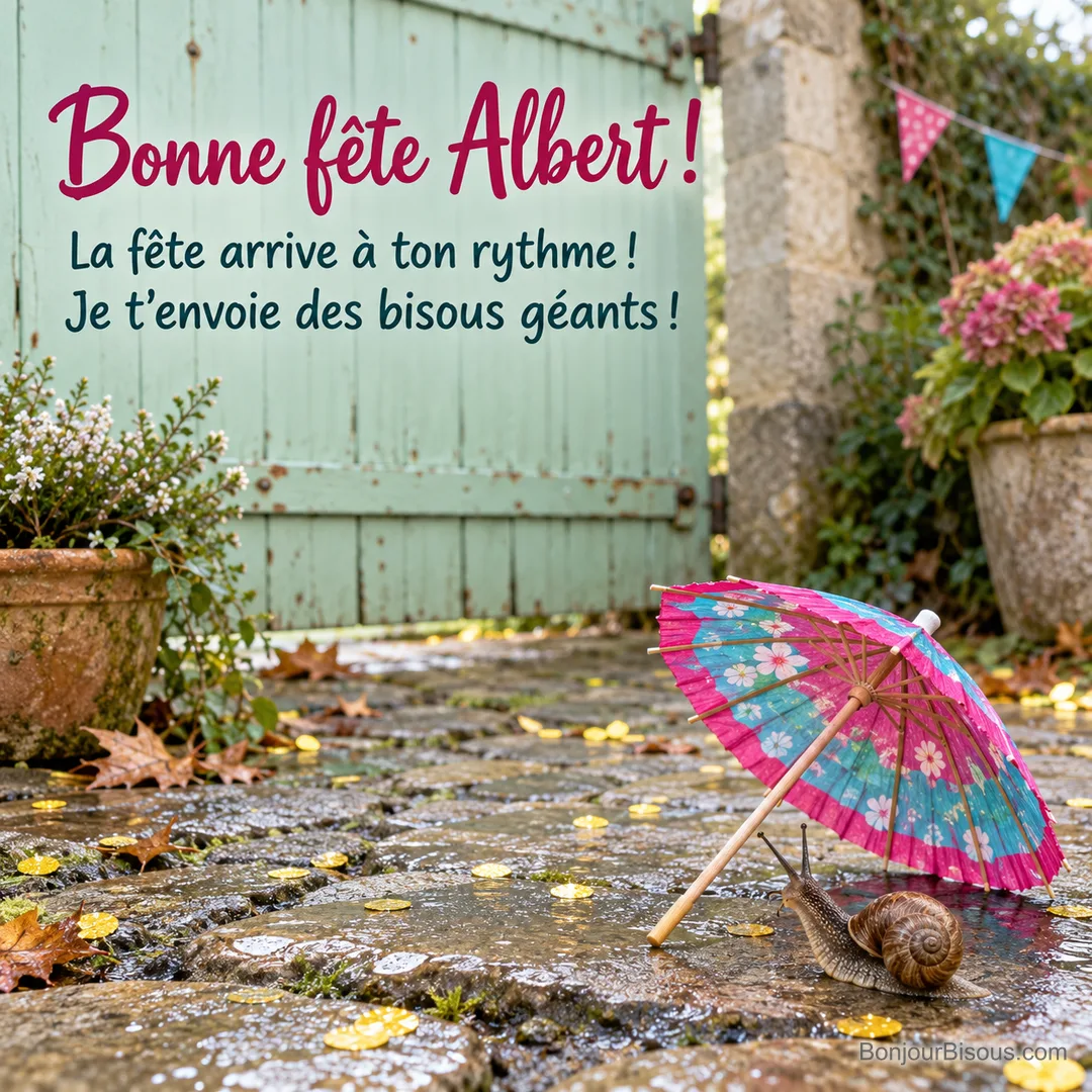 Un petit escargot inspecte un gigantesque parasol de fête en papier, installé comme un abri beaucoup trop grand pour lui. Le message indique : « Bonne fête Albert ! La fête arrive à ton rythme ! Je t’envoie des bisous géants ! » Un petit escargot inspecte un gigantesque parasol de fête en papier, installé comme un abri beaucoup trop grand pour lui. Le message indique : « Bonne fête Albert ! La fête arrive à ton rythme ! Je t’envoie des bisous géants ! »