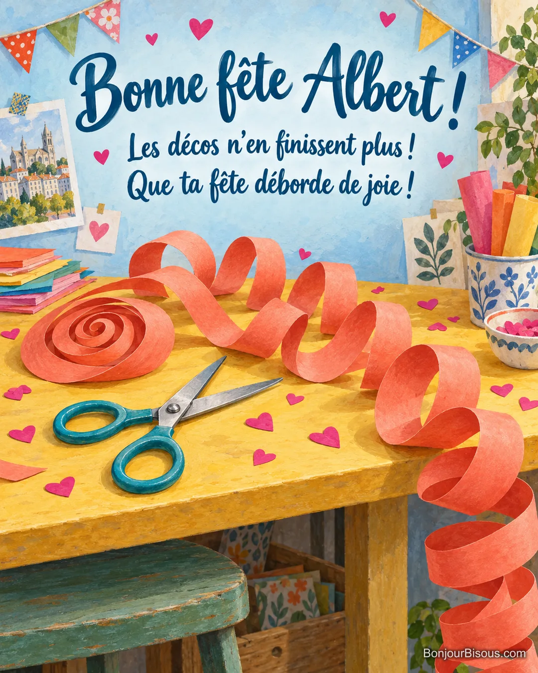 Une paire de ciseaux et une spirale de papier corail interminable transforment l’atelier en joyeux débordement de décorations. Le message indique : « Bonne fête Albert ! Les décos n’en finissent plus ! Que ta fête déborde de joie ! » Une paire de ciseaux et une spirale de papier corail interminable transforment l’atelier en joyeux débordement de décorations. Le message indique : « Bonne fête Albert ! Les décos n’en finissent plus ! Que ta fête déborde de joie ! »