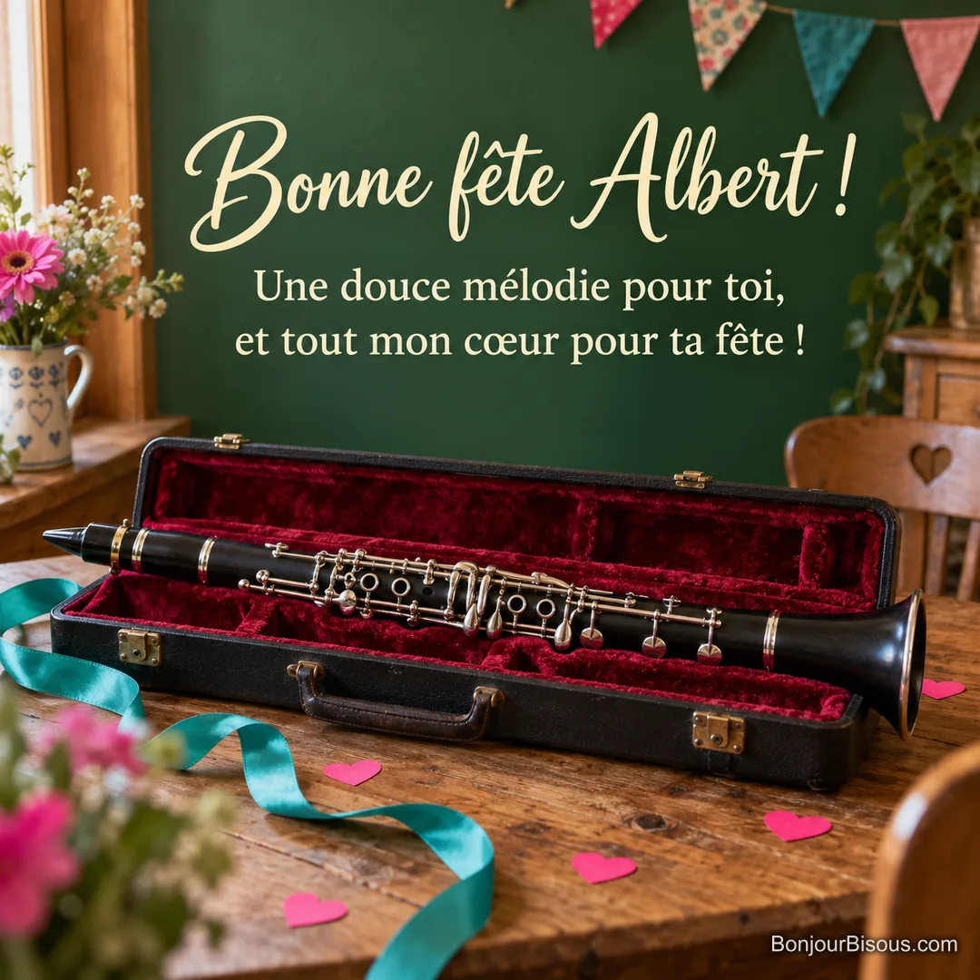 Une clarinette noire dans son étui rouge est entourée d’un ruban turquoise et de petits cœurs pour une fête en musique. Le message indique : « Bonne fête Albert ! Une douce mélodie pour toi, et tout mon cœur pour ta fête ! » Une clarinette noire dans son étui rouge est entourée d’un ruban turquoise et de petits cœurs pour une fête en musique. Le message indique : « Bonne fête Albert ! Une douce mélodie pour toi, et tout mon cœur pour ta fête ! »