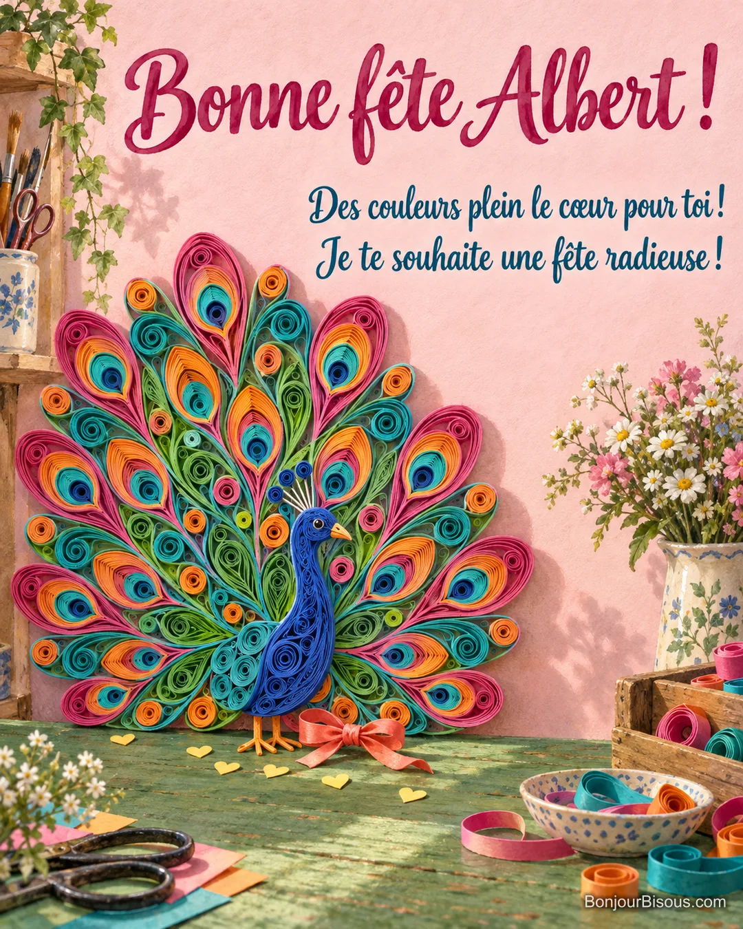 Un paon artisanal en bandes de papier enroulées déploie une queue éclatante pour offrir des couleurs plein le cœur. Le message indique : « Bonne fête Albert ! Des couleurs plein le cœur pour toi ! Je te souhaite une fête radieuse ! » Un paon artisanal en bandes de papier enroulées déploie une queue éclatante pour offrir des couleurs plein le cœur. Le message indique : « Bonne fête Albert ! Des couleurs plein le cœur pour toi ! Je te souhaite une fête radieuse ! »