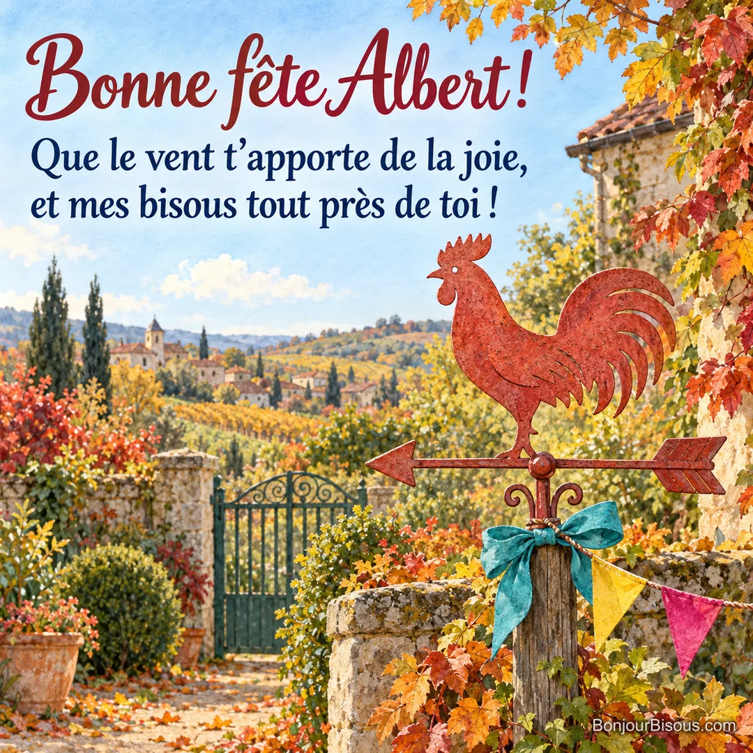 Une girouette rouge en forme de coq, décorée d’un nœud et de fanions, se détache sur un jardin d’automne lumineux. Le message indique : « Bonne fête Albert ! Que le vent t’apporte de la joie, et mes bisous tout près de toi ! » Une girouette rouge en forme de coq, décorée d’un nœud et de fanions, se détache sur un jardin d’automne lumineux. Le message indique : « Bonne fête Albert ! Que le vent t’apporte de la joie, et mes bisous tout près de toi ! »