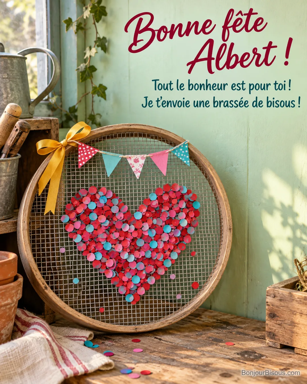 Un tamis de jardin en bois retient des confettis multicolores en forme de cœur, comme une tendre attention préparée pour la fête. Le message indique : « Bonne fête Albert ! Tout le bonheur est pour toi ! Je t’envoie une brassée de bisous ! » Un tamis de jardin en bois retient des confettis multicolores en forme de cœur, comme une tendre attention préparée pour la fête. Le message indique : « Bonne fête Albert ! Tout le bonheur est pour toi ! Je t’envoie une brassée de bisous ! »