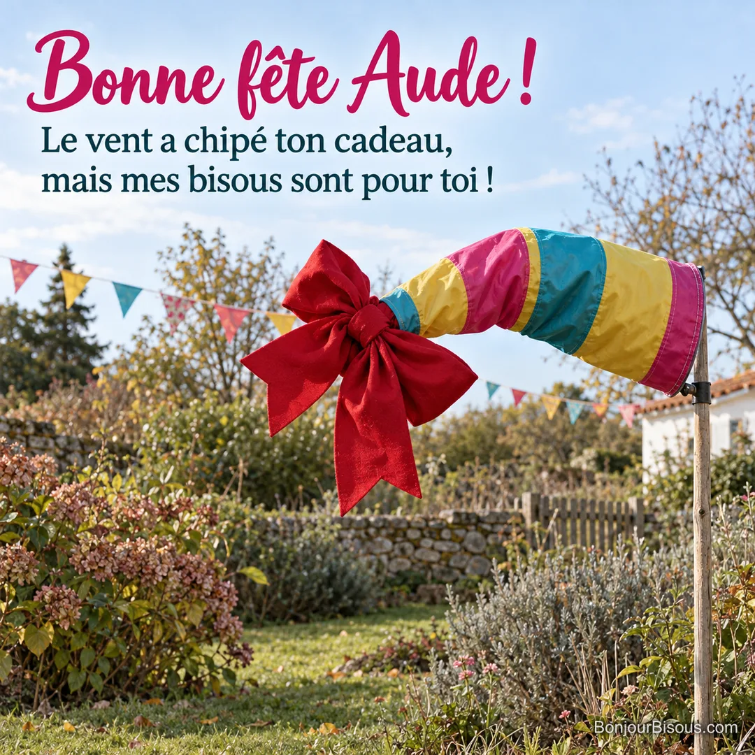 Une manche à air multicolore a attrapé un énorme nœud cadeau et pend de travers dans un jardin décoré. Le message est : « Bonne fête Aude ! Le vent a chipé ton cadeau, mais mes bisous sont pour toi ! ». Une manche à air multicolore a attrapé un énorme nœud cadeau et pend de travers dans un jardin décoré. Le message est : « Bonne fête Aude ! Le vent a chipé ton cadeau, mais mes bisous sont pour toi ! ».