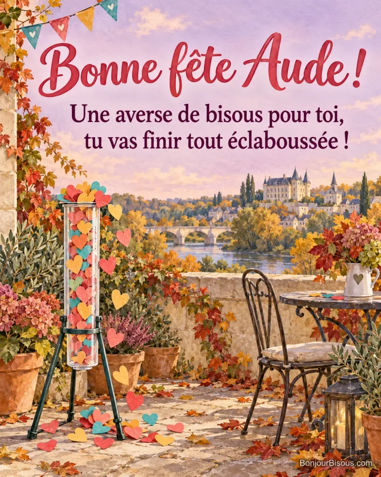 Un pluviomètre transparent déborde de confettis en cœur dans une joyeuse averse de papier. Le message est : « Bonne fête Aude ! Une averse de bisous pour toi, tu vas finir tout éclaboussée ! ».