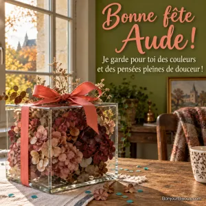 Des hortensias séchés roses et mauves composent un cadeau fleuri dans une vitrine de verre au ruban corail. Le message est : « Bonne fête Aude ! Je garde pour toi des couleurs et des pensées pleines de douceur ! ».