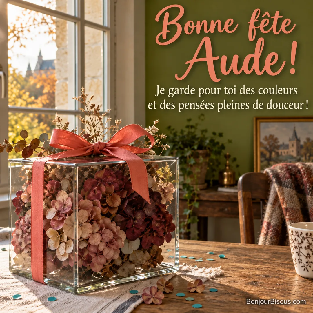 Des hortensias séchés roses et mauves composent un cadeau fleuri dans une vitrine de verre au ruban corail. Le message est : « Bonne fête Aude ! Je garde pour toi des couleurs et des pensées pleines de douceur ! ». Des hortensias séchés roses et mauves composent un cadeau fleuri dans une vitrine de verre au ruban corail. Le message est : « Bonne fête Aude ! Je garde pour toi des couleurs et des pensées pleines de douceur ! ».