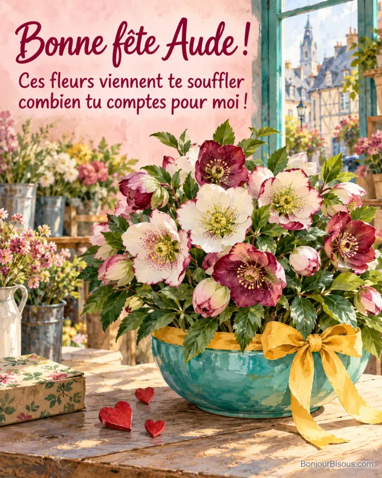 Un bouquet d’hellébores blancs et bordeaux dans une coupe turquoise offre une tendre attention fleurie. Le message est : « Bonne fête Aude ! Ces fleurs viennent te souffler combien tu comptes pour moi ! ».