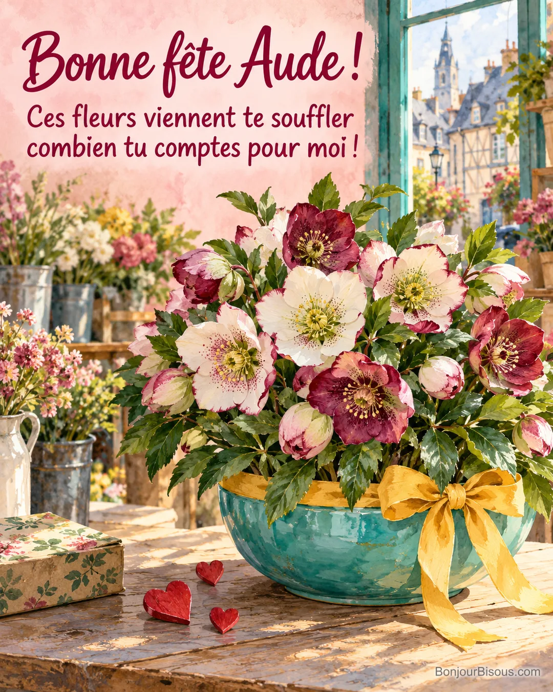 Un bouquet d’hellébores blancs et bordeaux dans une coupe turquoise offre une tendre attention fleurie. Le message est : « Bonne fête Aude ! Ces fleurs viennent te souffler combien tu comptes pour moi ! ». Un bouquet d’hellébores blancs et bordeaux dans une coupe turquoise offre une tendre attention fleurie. Le message est : « Bonne fête Aude ! Ces fleurs viennent te souffler combien tu comptes pour moi ! ».