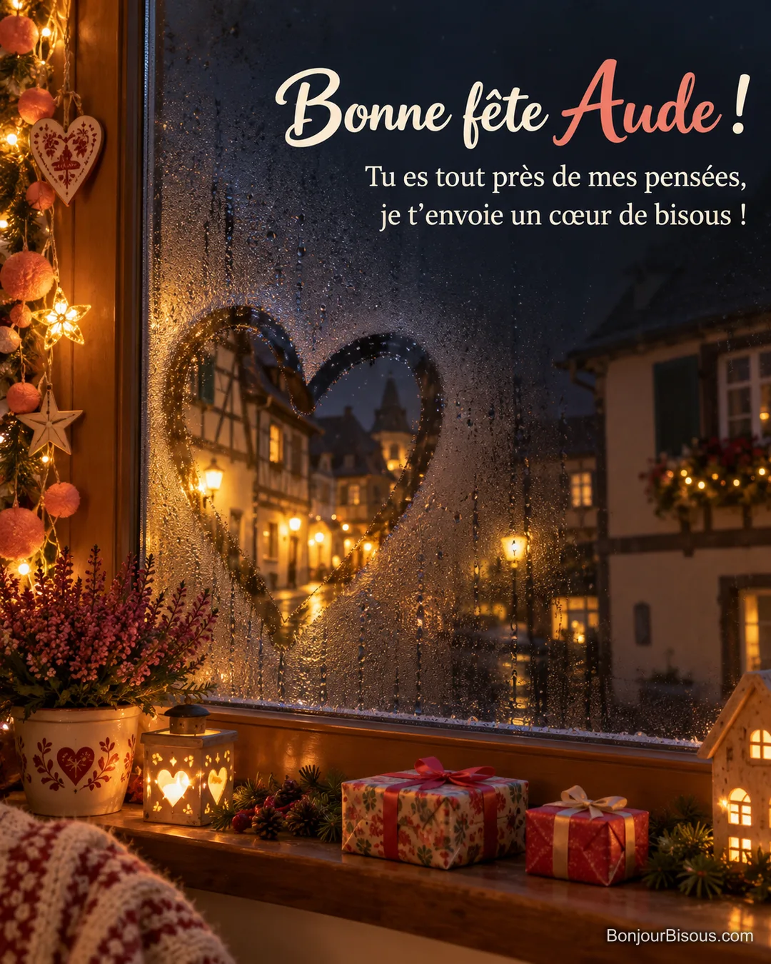 Un cœur tracé dans la buée d’une fenêtre accompagne des lumières festives et deux petits cadeaux. Le message est : « Bonne fête Aude ! Tu es tout près de mes pensées, je t’envoie un cœur de bisous ! ». Un cœur tracé dans la buée d’une fenêtre accompagne des lumières festives et deux petits cadeaux. Le message est : « Bonne fête Aude ! Tu es tout près de mes pensées, je t’envoie un cœur de bisous ! ».
