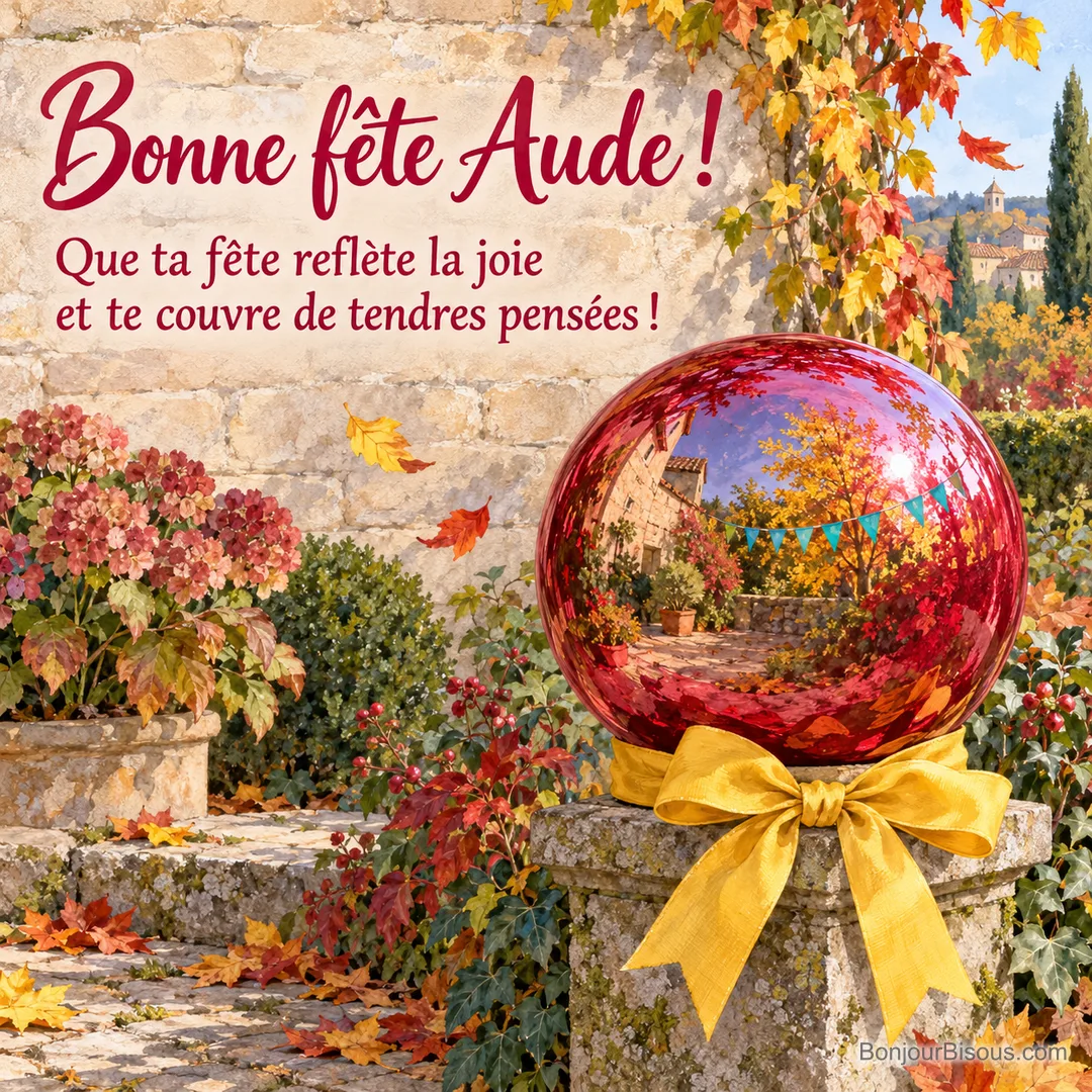 Une sphère de jardin framboise reflète les feuilles dorées et les fanions d’une fête pleine de couleurs. Le message est : « Bonne fête Aude ! Que ta fête reflète la joie et te couvre de tendres pensées ! ». Une sphère de jardin framboise reflète les feuilles dorées et les fanions d’une fête pleine de couleurs. Le message est : « Bonne fête Aude ! Que ta fête reflète la joie et te couvre de tendres pensées ! ».