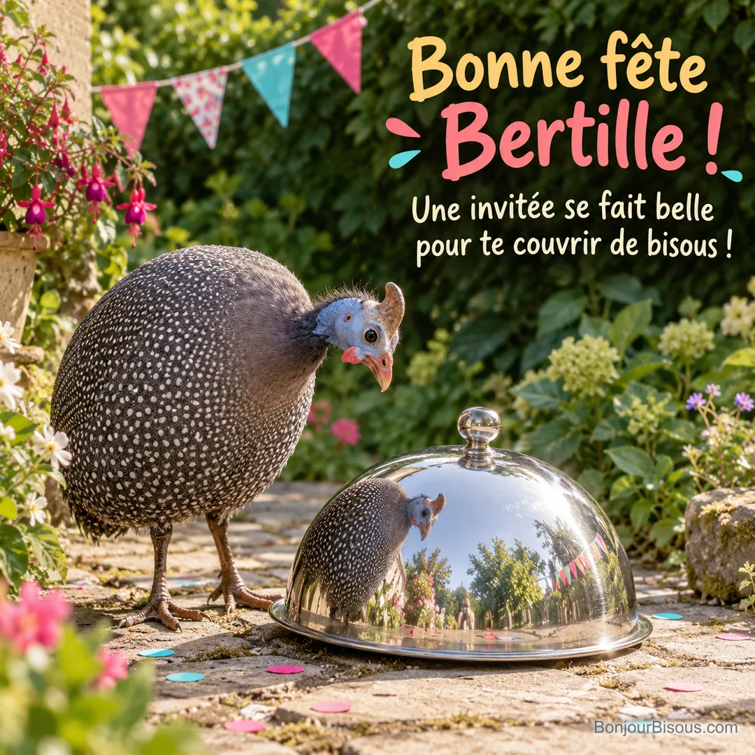 Une pintade curieuse découvre son reflet déformé dans une cloche en métal poli, avec le message « Bonne fête Bertille ! Une invitée se fait belle pour te couvrir de bisous ! ». Une pintade curieuse découvre son reflet déformé dans une cloche en métal poli, avec le message « Bonne fête Bertille ! Une invitée se fait belle pour te couvrir de bisous ! ».