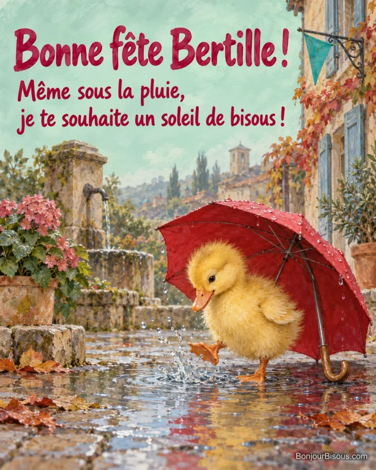Un caneton éclabousse une flaque sous un petit parapluie rouge, avec le message « Bonne fête Bertille ! Même sous la pluie, je te souhaite un soleil de bisous ! ».