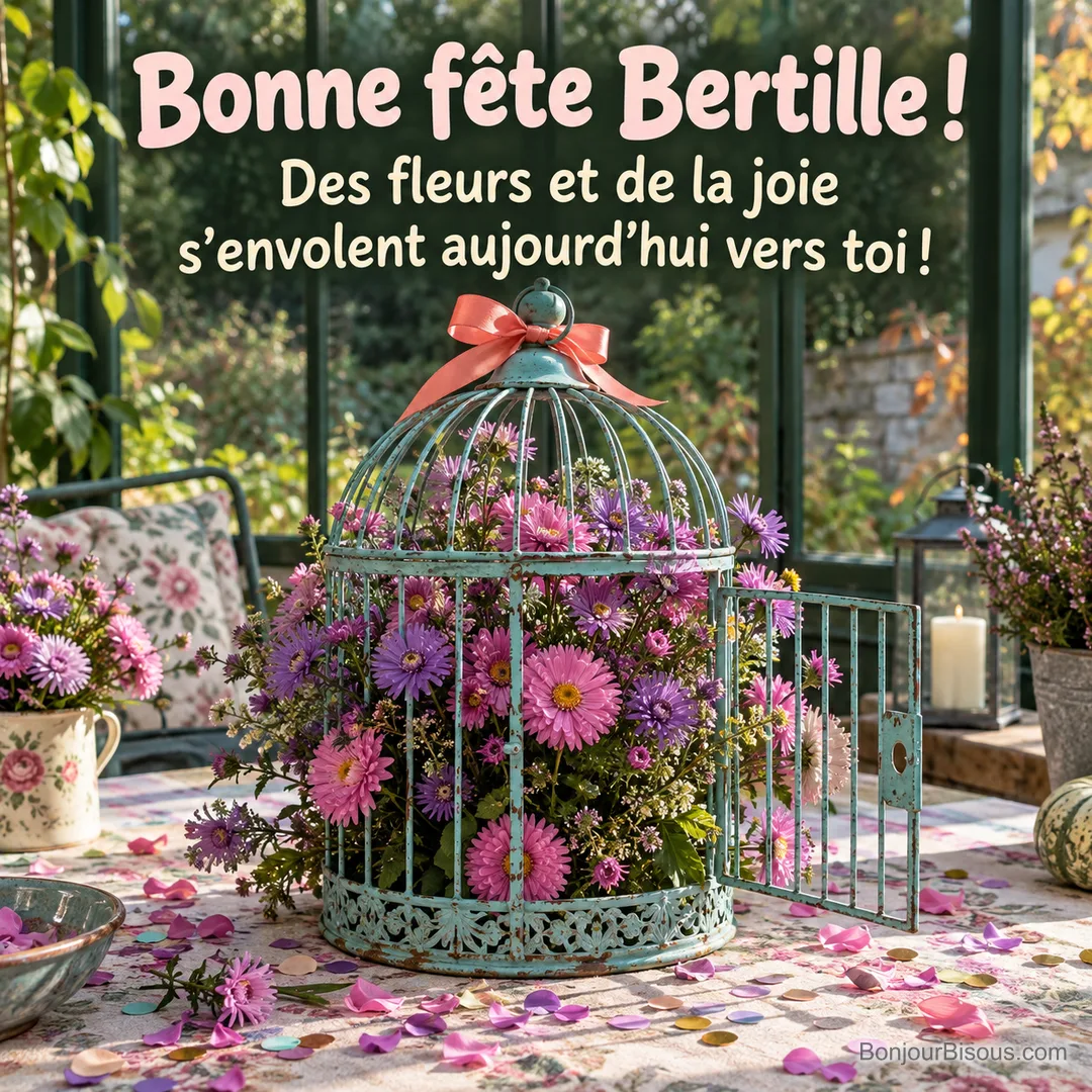 Une cage décorative turquoise ouverte déborde d’asters roses et violets, sans aucun animal, avec le message « Bonne fête Bertille ! Des fleurs et de la joie s’envolent aujourd’hui vers toi ! ». Une cage décorative turquoise ouverte déborde d’asters roses et violets, sans aucun animal, avec le message « Bonne fête Bertille ! Des fleurs et de la joie s’envolent aujourd’hui vers toi ! ».