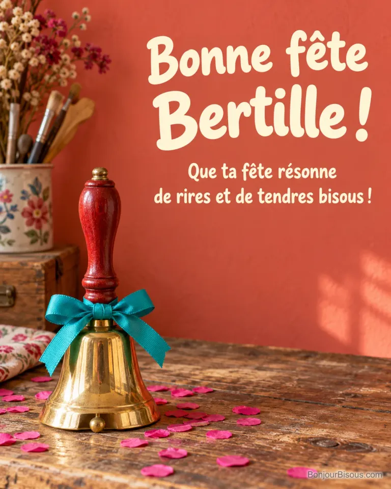 Une petite clochette à main dorée et rouge s’entoure d’un nœud turquoise et de confettis, avec le message « Bonne fête Bertille ! Que ta fête résonne de rires et de tendres bisous ! ».