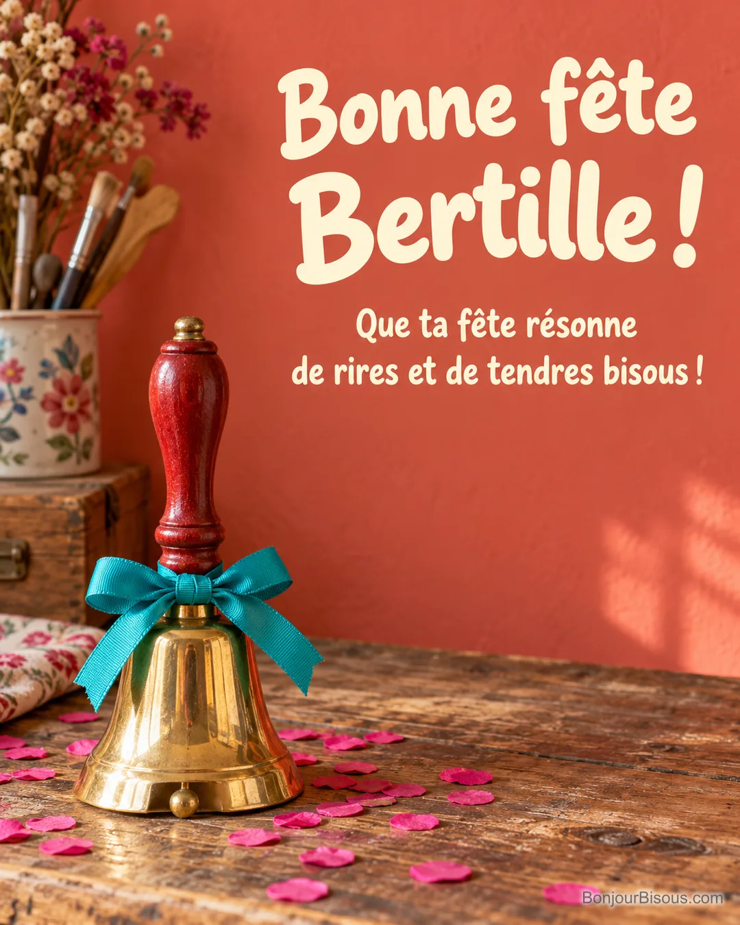 Une petite clochette à main dorée et rouge s’entoure d’un nœud turquoise et de confettis, avec le message « Bonne fête Bertille ! Que ta fête résonne de rires et de tendres bisous ! ». Une petite clochette à main dorée et rouge s’entoure d’un nœud turquoise et de confettis, avec le message « Bonne fête Bertille ! Que ta fête résonne de rires et de tendres bisous ! ».
