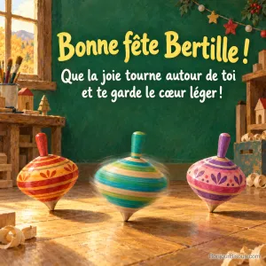 Trois toupies en bois multicolores font tourner la fête dans un atelier chaleureux, avec le message « Bonne fête Bertille ! Que la joie tourne autour de toi et te garde le cœur léger ! ».