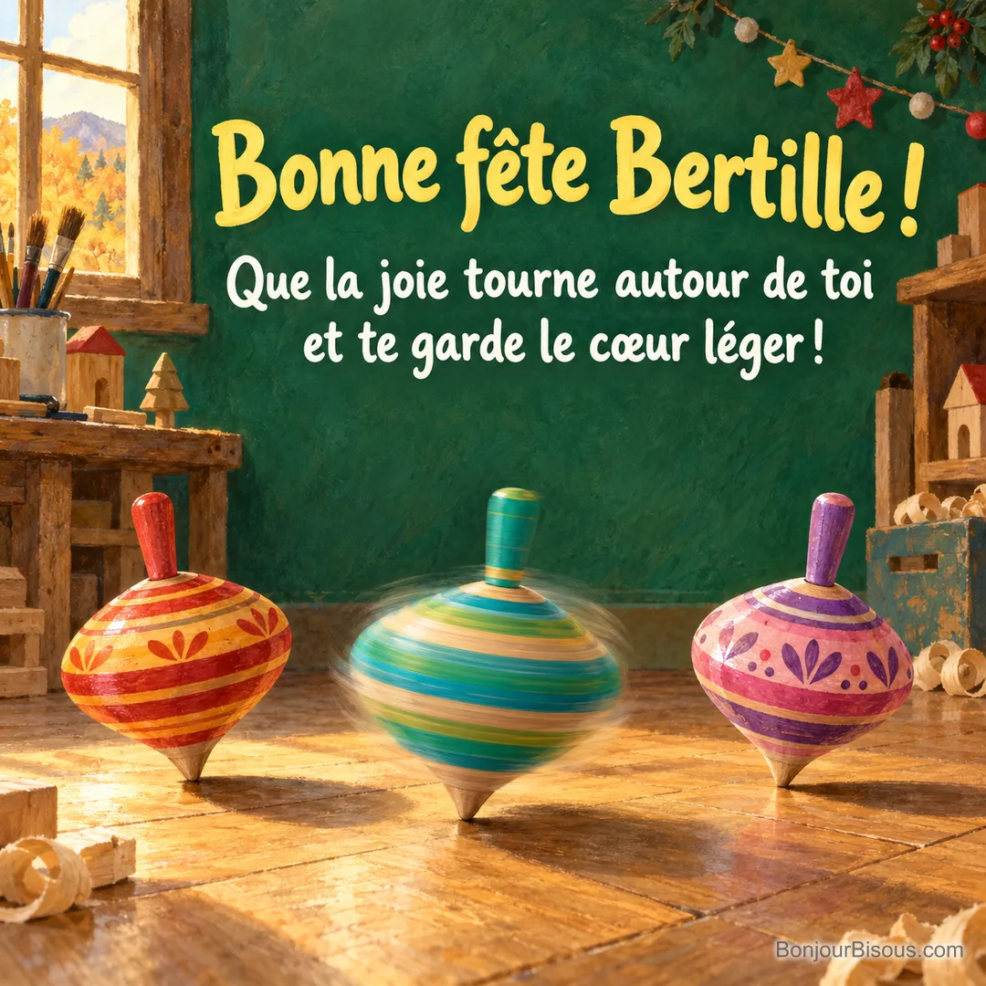 Trois toupies en bois multicolores font tourner la fête dans un atelier chaleureux, avec le message « Bonne fête Bertille ! Que la joie tourne autour de toi et te garde le cœur léger ! ». Trois toupies en bois multicolores font tourner la fête dans un atelier chaleureux, avec le message « Bonne fête Bertille ! Que la joie tourne autour de toi et te garde le cœur léger ! ».