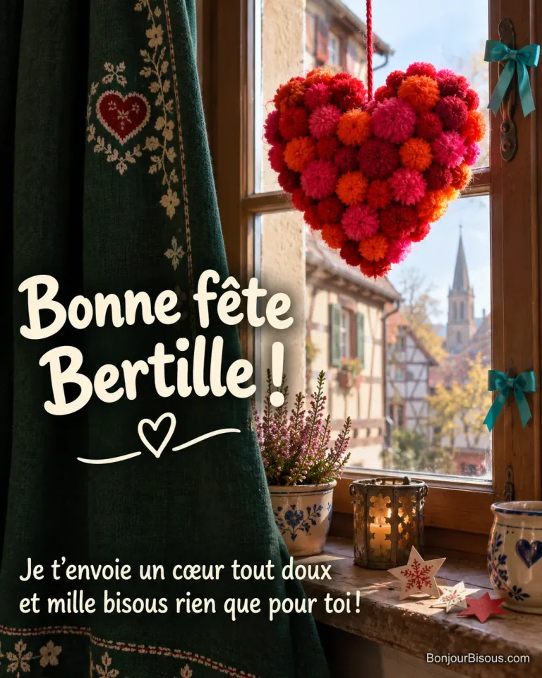 Un cœur de pompons fuchsia, rouges et orange apporte de la tendresse à une fenêtre lumineuse, avec le message « Bonne fête Bertille ! Je t’envoie un cœur tout doux et mille bisous rien que pour toi ! ».