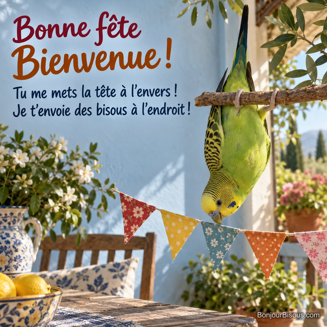Une perruche verte et jaune se suspend tête en bas pour observer des fanions colorés, avec le message « Bonne fête Bienvenue ! Tu me mets la tête à l’envers ! Je t’envoie des bisous à l’endroit ! ». Une perruche verte et jaune se suspend tête en bas pour observer des fanions colorés, avec le message « Bonne fête Bienvenue ! Tu me mets la tête à l’envers ! Je t’envoie des bisous à l’endroit ! ».