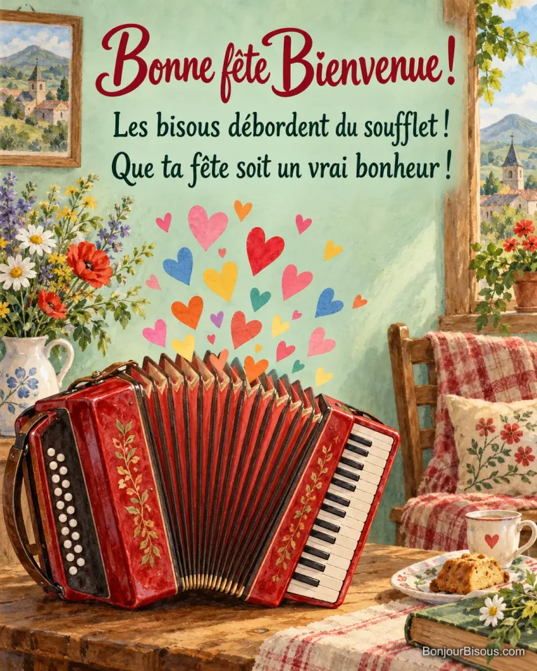 Un accordéon rouge au soufflet ouvert laisse s’envoler une cascade de cœurs en papier, avec le message « Bonne fête Bienvenue ! Les bisous débordent du soufflet ! Que ta fête soit un vrai bonheur ! ».