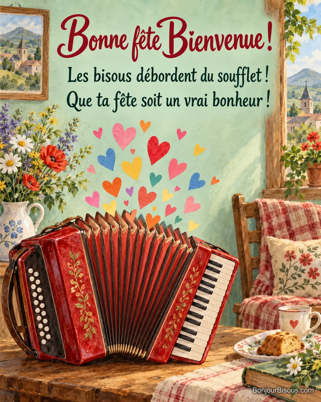 Un accordéon rouge au soufflet ouvert laisse s’envoler une cascade de cœurs en papier, avec le message « Bonne fête Bienvenue ! Les bisous débordent du soufflet ! Que ta fête soit un vrai bonheur ! ». Un accordéon rouge au soufflet ouvert laisse s’envoler une cascade de cœurs en papier, avec le message « Bonne fête Bienvenue ! Les bisous débordent du soufflet ! Que ta fête soit un vrai bonheur ! ».