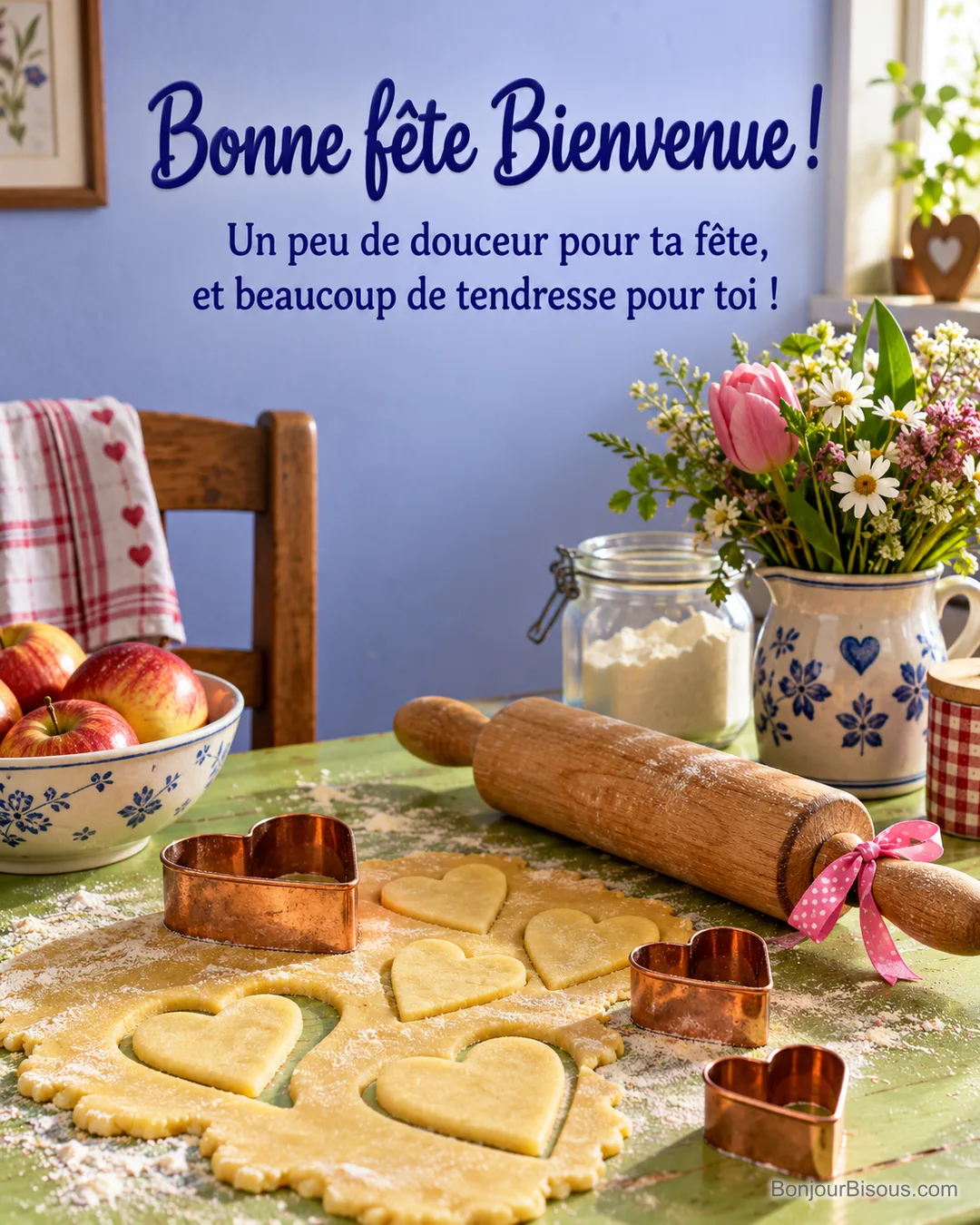 Un rouleau à pâtisserie et trois emporte-pièces en cuivre accompagnent des biscuits en cœur, avec le message « Bonne fête Bienvenue ! Un peu de douceur pour ta fête, et beaucoup de tendresse pour toi ! ». Un rouleau à pâtisserie et trois emporte-pièces en cuivre accompagnent des biscuits en cœur, avec le message « Bonne fête Bienvenue ! Un peu de douceur pour ta fête, et beaucoup de tendresse pour toi ! ».