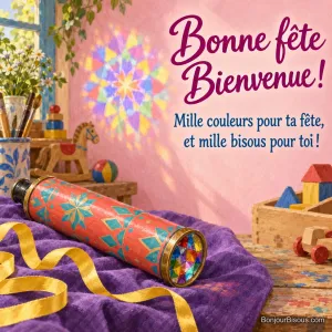 Un kaléidoscope corail projette une rosace multicolore dans un atelier de jouets, avec le message « Bonne fête Bienvenue ! Mille couleurs pour ta fête, et mille bisous pour toi ! ».