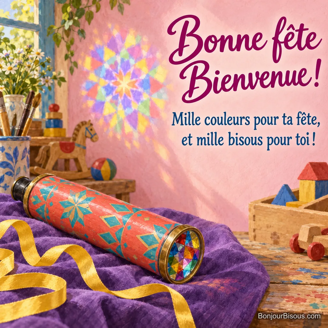 Un kaléidoscope corail projette une rosace multicolore dans un atelier de jouets, avec le message « Bonne fête Bienvenue ! Mille couleurs pour ta fête, et mille bisous pour toi ! ». Un kaléidoscope corail projette une rosace multicolore dans un atelier de jouets, avec le message « Bonne fête Bienvenue ! Mille couleurs pour ta fête, et mille bisous pour toi ! ».
