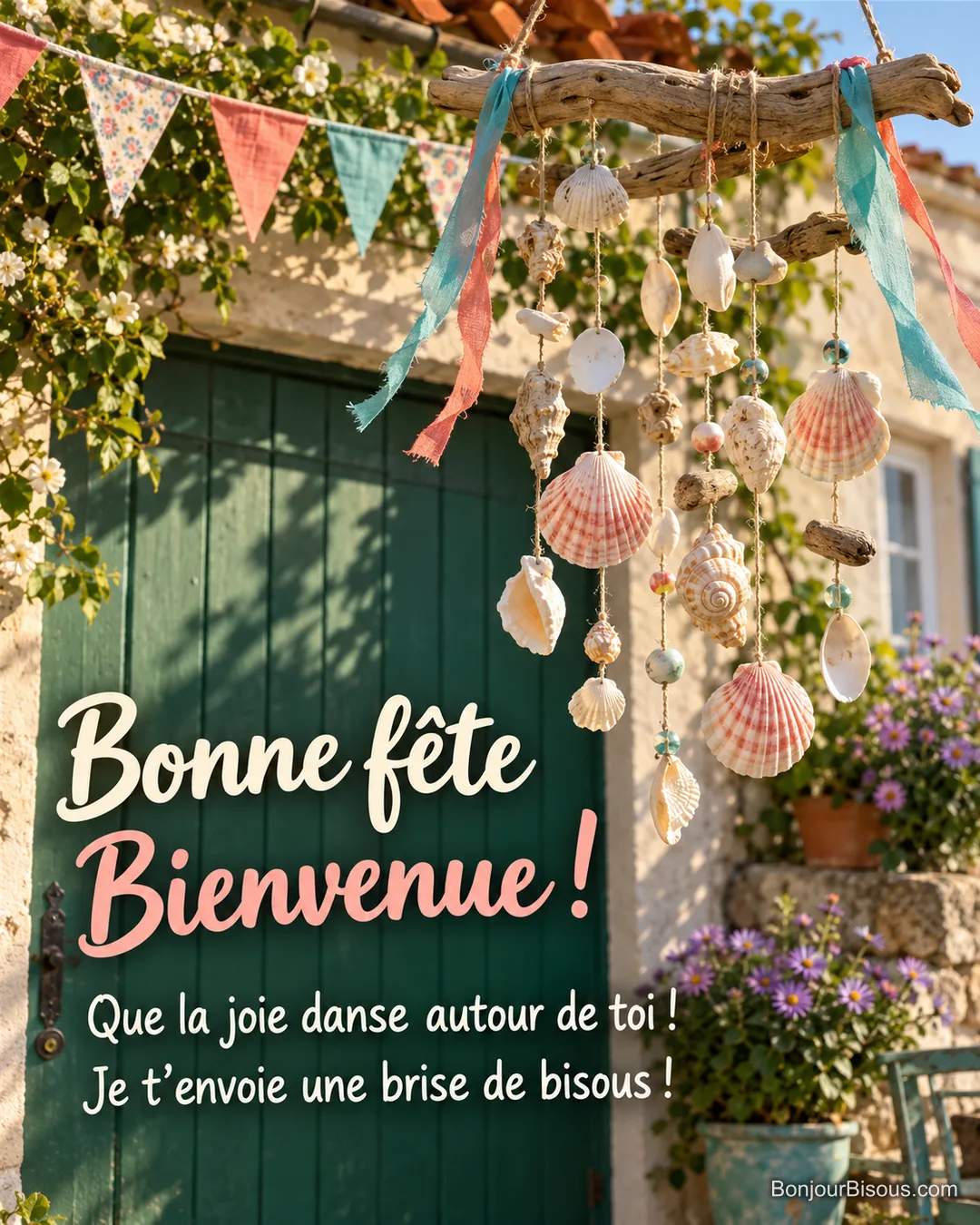 Un carillon de coquillages blancs et roses et de rubans colorés danse dans une cour, avec le message « Bonne fête Bienvenue ! Que la joie danse autour de toi ! Je t’envoie une brise de bisous ! ». Un carillon de coquillages blancs et roses et de rubans colorés danse dans une cour, avec le message « Bonne fête Bienvenue ! Que la joie danse autour de toi ! Je t’envoie une brise de bisous ! ».
