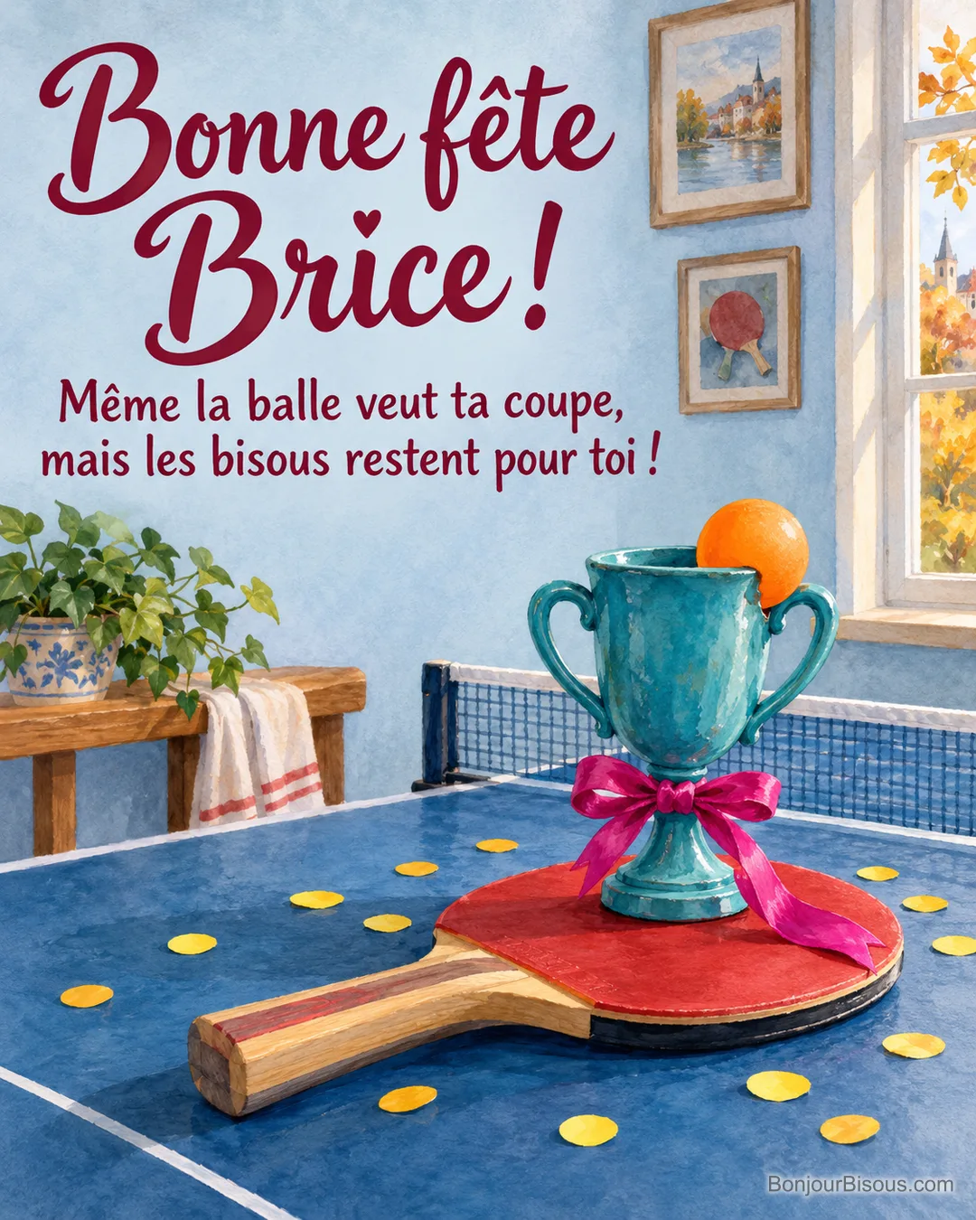 Une balle orange s’est coincée dans une petite coupe turquoise, au-dessus d’une raquette de ping-pong et de confettis. Le message est : « Bonne fête Brice ! Même la balle veut ta coupe, mais les bisous restent pour toi ! ». Une balle orange s’est coincée dans une petite coupe turquoise, au-dessus d’une raquette de ping-pong et de confettis. Le message est : « Bonne fête Brice ! Même la balle veut ta coupe, mais les bisous restent pour toi ! ».