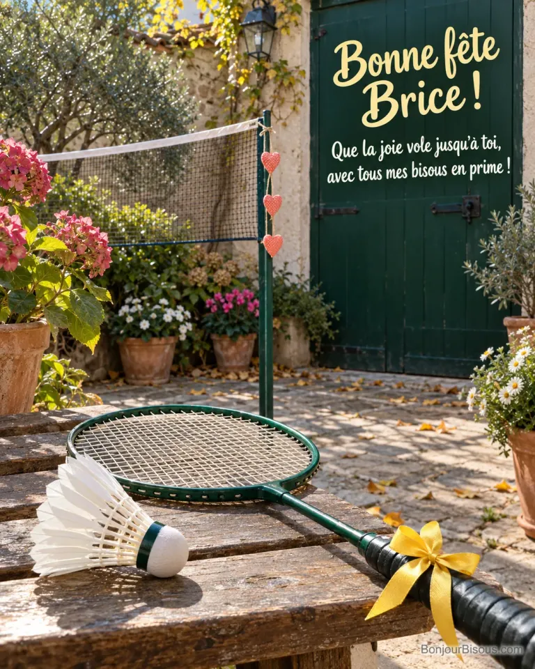 Un volant blanc et une raquette de badminton verte attendent devant un filet décoré de petits cœurs corail. Le message est : « Bonne fête Brice ! Que la joie vole jusqu’à toi, avec tous mes bisous en prime ! ».