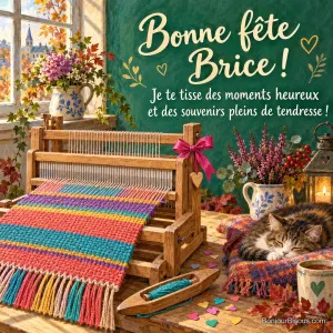 Un petit métier à tisser en bois présente un ouvrage aux bandes vives, accompagné d’un nœud fuchsia et de confettis. Le message est : « Bonne fête Brice ! Je te tisse des moments heureux et des souvenirs pleins de tendresse ! ».