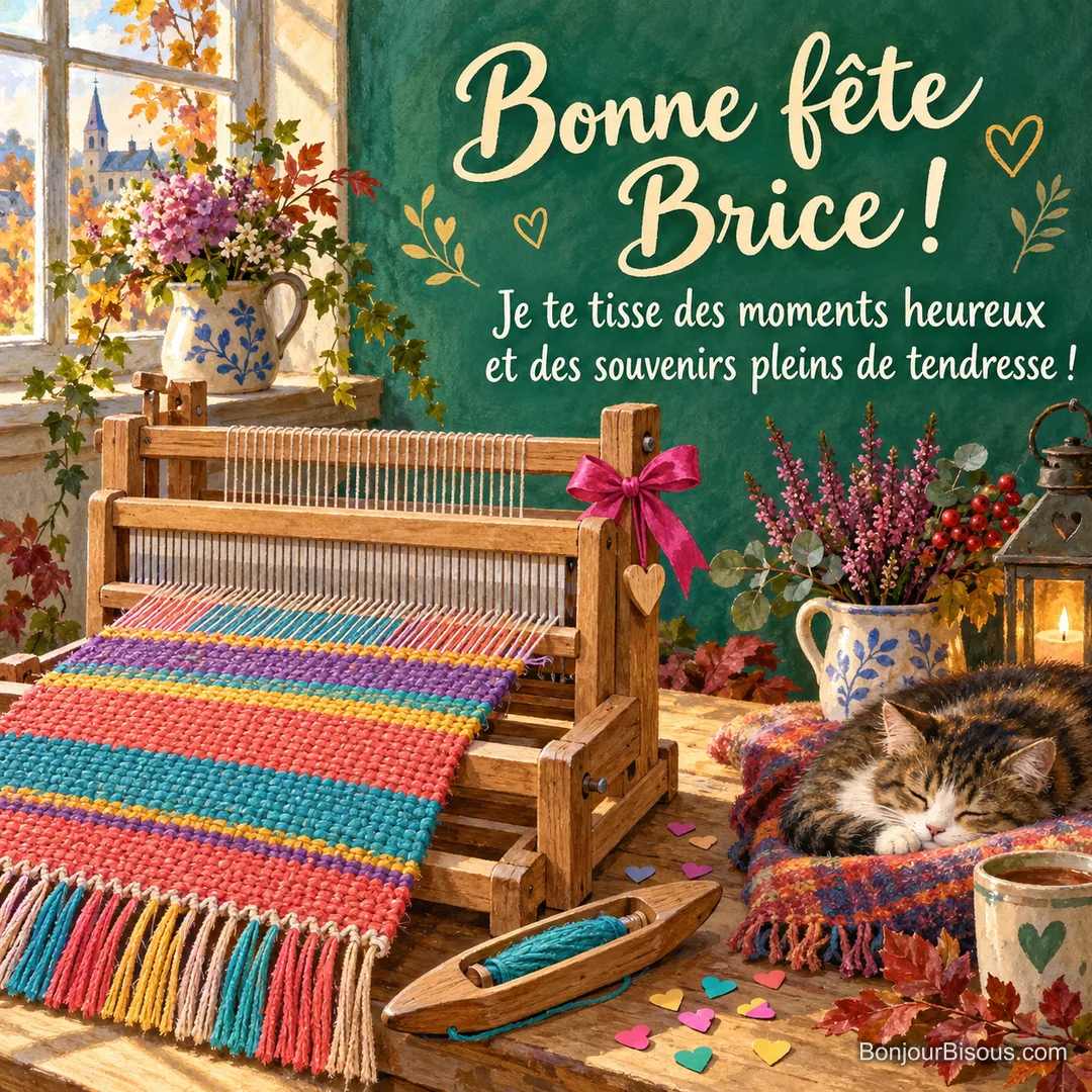 Un petit métier à tisser en bois présente un ouvrage aux bandes vives, accompagné d’un nœud fuchsia et de confettis. Le message est : « Bonne fête Brice ! Je te tisse des moments heureux et des souvenirs pleins de tendresse ! ». Un petit métier à tisser en bois présente un ouvrage aux bandes vives, accompagné d’un nœud fuchsia et de confettis. Le message est : « Bonne fête Brice ! Je te tisse des moments heureux et des souvenirs pleins de tendresse ! ».