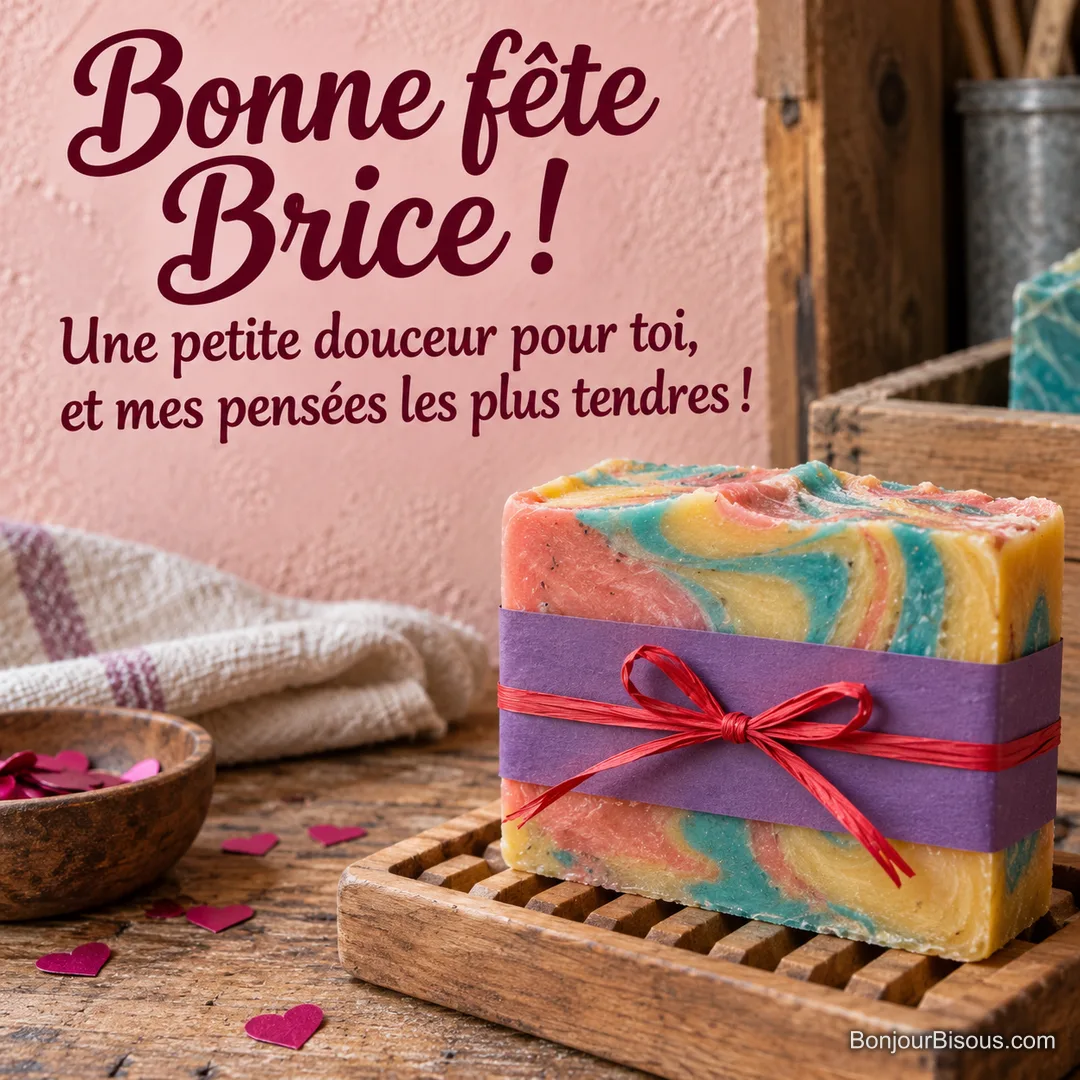 Un savon artisanal marbré de couleurs vives, décoré d’un lien rouge, repose sur un porte-savon en bois. Le message est : « Bonne fête Brice ! Une petite douceur pour toi, et mes pensées les plus tendres ! ». Un savon artisanal marbré de couleurs vives, décoré d’un lien rouge, repose sur un porte-savon en bois. Le message est : « Bonne fête Brice ! Une petite douceur pour toi, et mes pensées les plus tendres ! ».