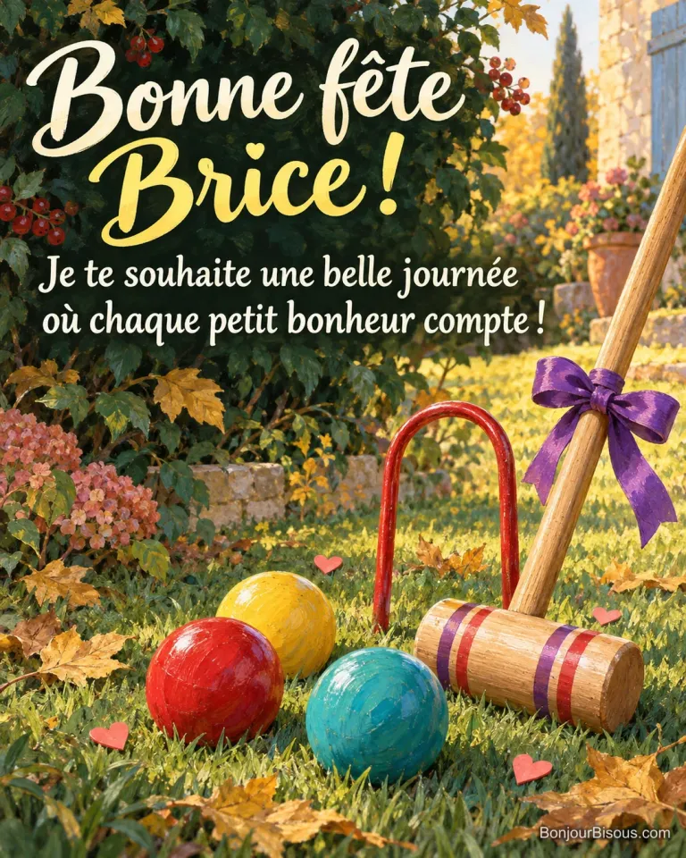 Trois boules de croquet colorées, un maillet rubané et un arceau rouge composent un décor de fête au jardin. Le message est : « Bonne fête Brice ! Je te souhaite une belle journée où chaque petit bonheur compte ! ».