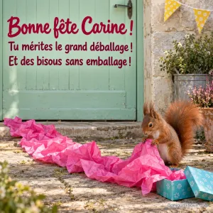 Un écureuil roux déroule une immense traîne de papier de soie rose depuis un petit cadeau turquoise. La carte porte le message « Bonne fête Carine ! Tu mérites le grand déballage ! Et des bisous sans emballage ! »