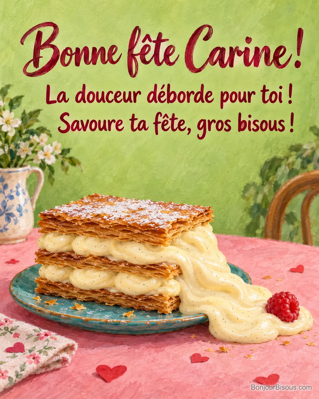 La crème d’un millefeuille déborde joyeusement sur une petite assiette turquoise, près d’une framboise. La carte porte le message « Bonne fête Carine ! La douceur déborde pour toi ! Savoure ta fête, gros bisous ! » La crème d’un millefeuille déborde joyeusement sur une petite assiette turquoise, près d’une framboise. La carte porte le message « Bonne fête Carine ! La douceur déborde pour toi ! Savoure ta fête, gros bisous ! »