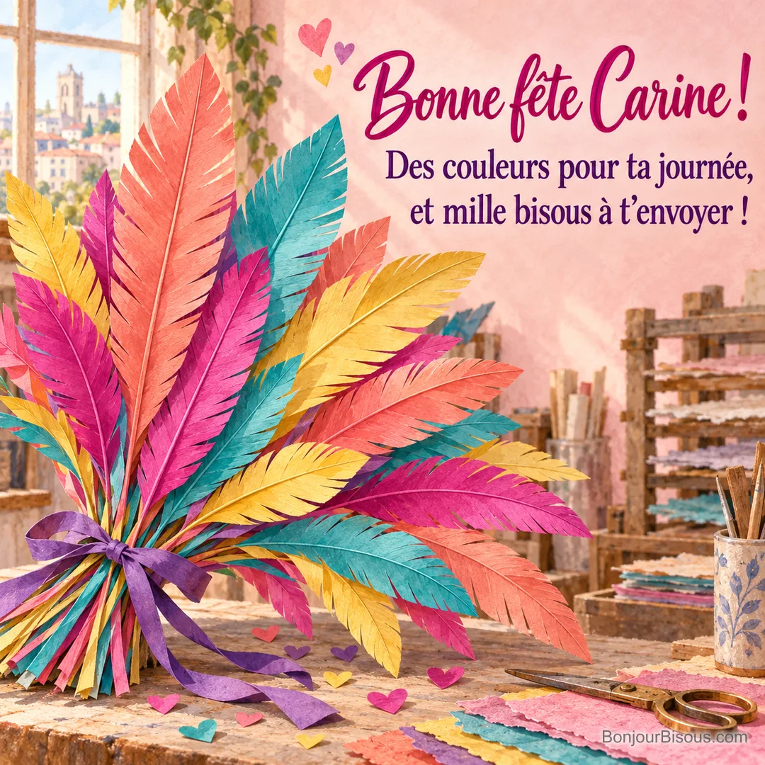 Un bouquet de plumes en papier multicolore, noué de violet, déploie ses couleurs parmi de petits cœurs. La carte porte le message « Bonne fête Carine ! Des couleurs pour ta journée, et mille bisous à t’envoyer ! » Un bouquet de plumes en papier multicolore, noué de violet, déploie ses couleurs parmi de petits cœurs. La carte porte le message « Bonne fête Carine ! Des couleurs pour ta journée, et mille bisous à t’envoyer ! »