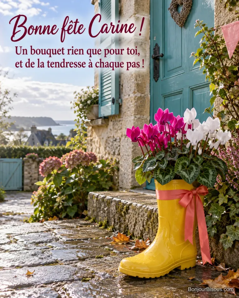 Des cyclamens fuchsia et blancs remplissent une botte de pluie jaune décorée d’un ruban corail. La carte porte le message « Bonne fête Carine ! Un bouquet rien que pour toi, et de la tendresse à chaque pas ! »
