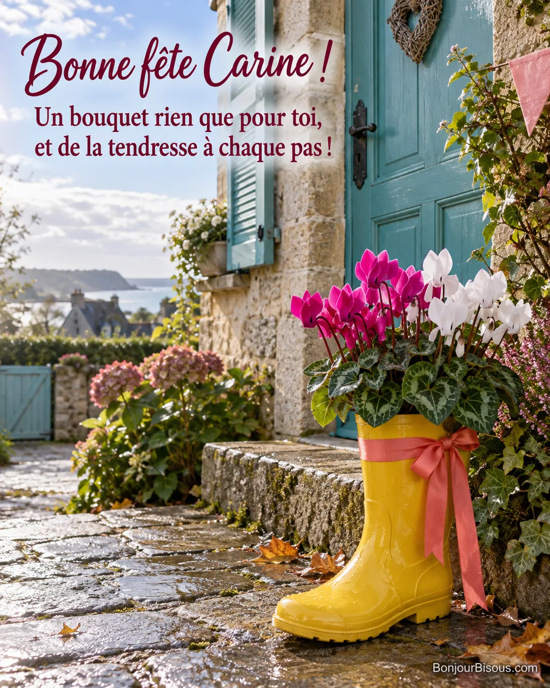 Des cyclamens fuchsia et blancs remplissent une botte de pluie jaune décorée d’un ruban corail. La carte porte le message « Bonne fête Carine ! Un bouquet rien que pour toi, et de la tendresse à chaque pas ! » Des cyclamens fuchsia et blancs remplissent une botte de pluie jaune décorée d’un ruban corail. La carte porte le message « Bonne fête Carine ! Un bouquet rien que pour toi, et de la tendresse à chaque pas ! »