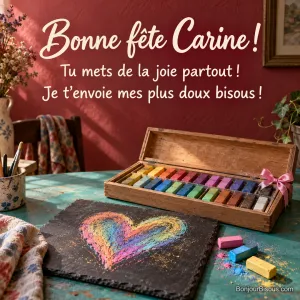 Un coffret de pastels colorés accompagne un grand cœur tracé sur une ardoise noire. La carte porte le message « Bonne fête Carine ! Tu mets de la joie partout ! Je t’envoie mes plus doux bisous ! »