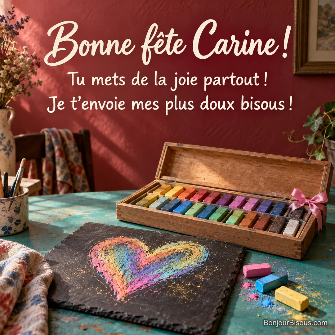 Un coffret de pastels colorés accompagne un grand cœur tracé sur une ardoise noire. La carte porte le message « Bonne fête Carine ! Tu mets de la joie partout ! Je t’envoie mes plus doux bisous ! » Un coffret de pastels colorés accompagne un grand cœur tracé sur une ardoise noire. La carte porte le message « Bonne fête Carine ! Tu mets de la joie partout ! Je t’envoie mes plus doux bisous ! »