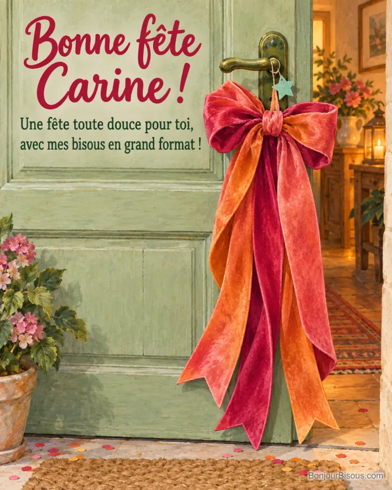 Un grand nœud de velours corail et fuchsia laisse cascader ses rubans sur une porte verte. La carte porte le message « Bonne fête Carine ! Une fête toute douce pour toi, avec mes bisous en grand format ! »