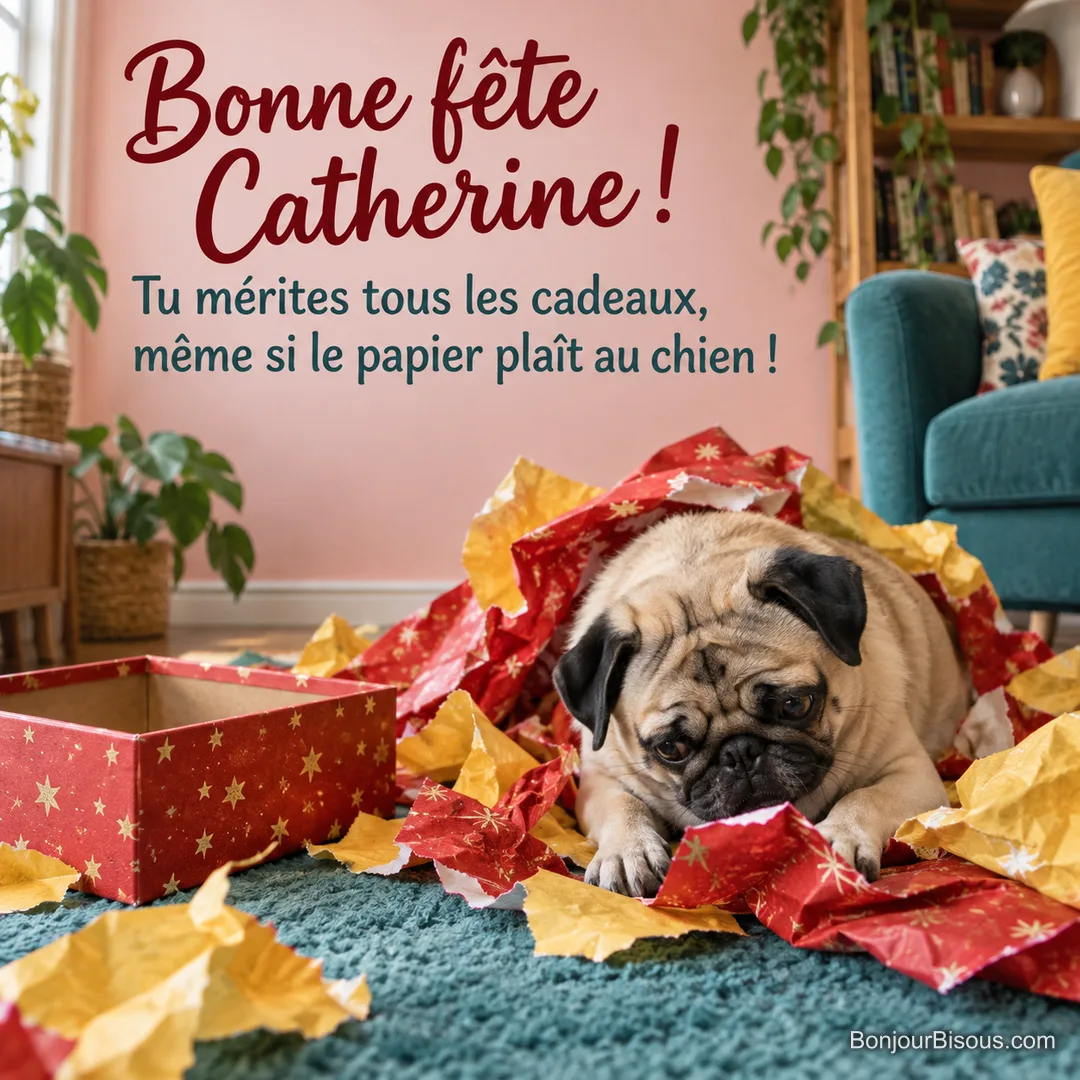 Un carlin fauve émerge d’un tas de papier cadeau froissé près d’une boîte ouverte. Texte : « Bonne fête Catherine ! Tu mérites tous les cadeaux, même si le papier plaît au chien ! »